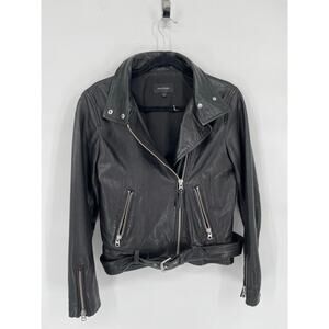 Mackage Black Miela-N Belted Lambskin Leather Moto Motorcycle Biker Jacket Small